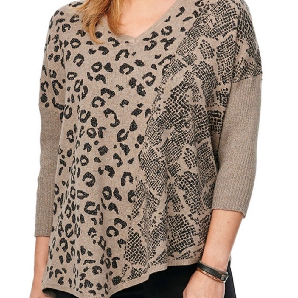 Democracy Taupe and Black Asymmetrical Animal Print Sweater Size Medium V-Neck